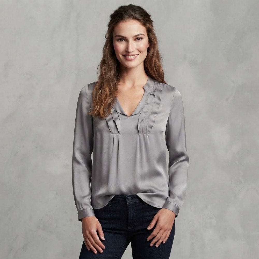 GAP Women Gray 100% Silk Ruffle V-Neck Long Sleeve Blouse XS NWTQuiet luxury